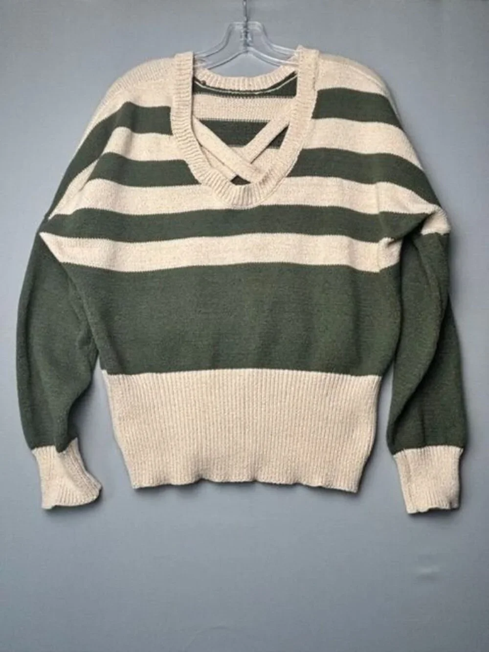 Doe and Rae Women's Green Cream Striped Knit Sweater M Criss Cross Back